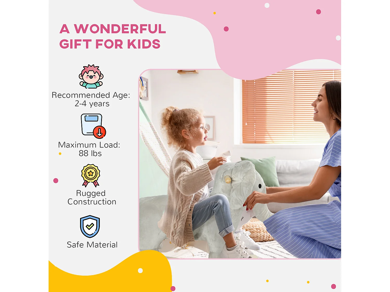 Cavallo a dondolo per bambini 2-4 anni a elefante con suoni grigio