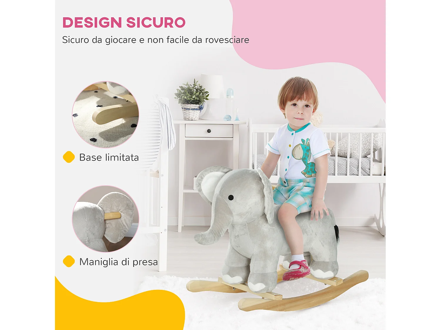 Cavallo a dondolo per bambini 2-4 anni a elefante con suoni grigio