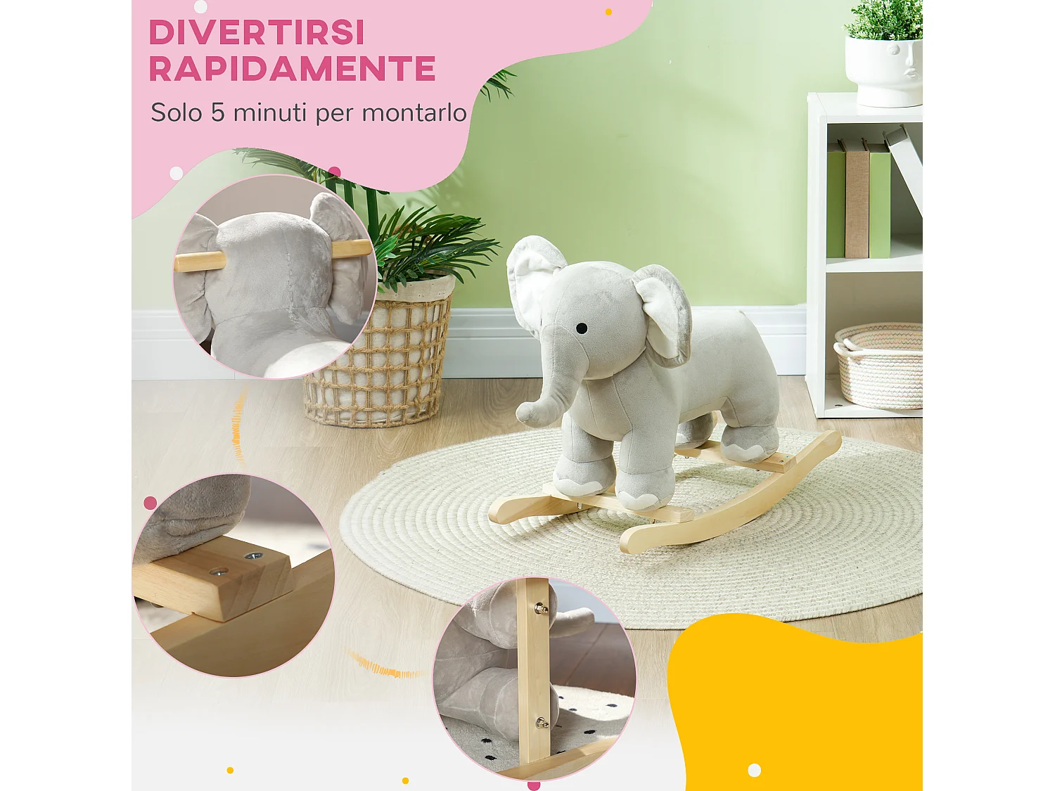 Cavallo a dondolo per bambini 2-4 anni a elefante con suoni grigio