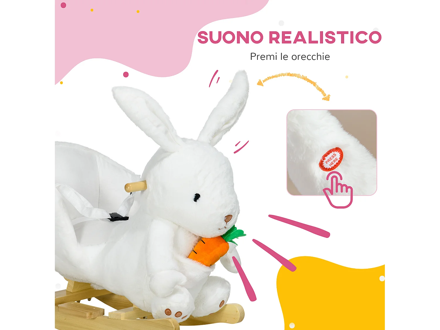 Animale a dondolo a coniglio con suoni e cintura bianco