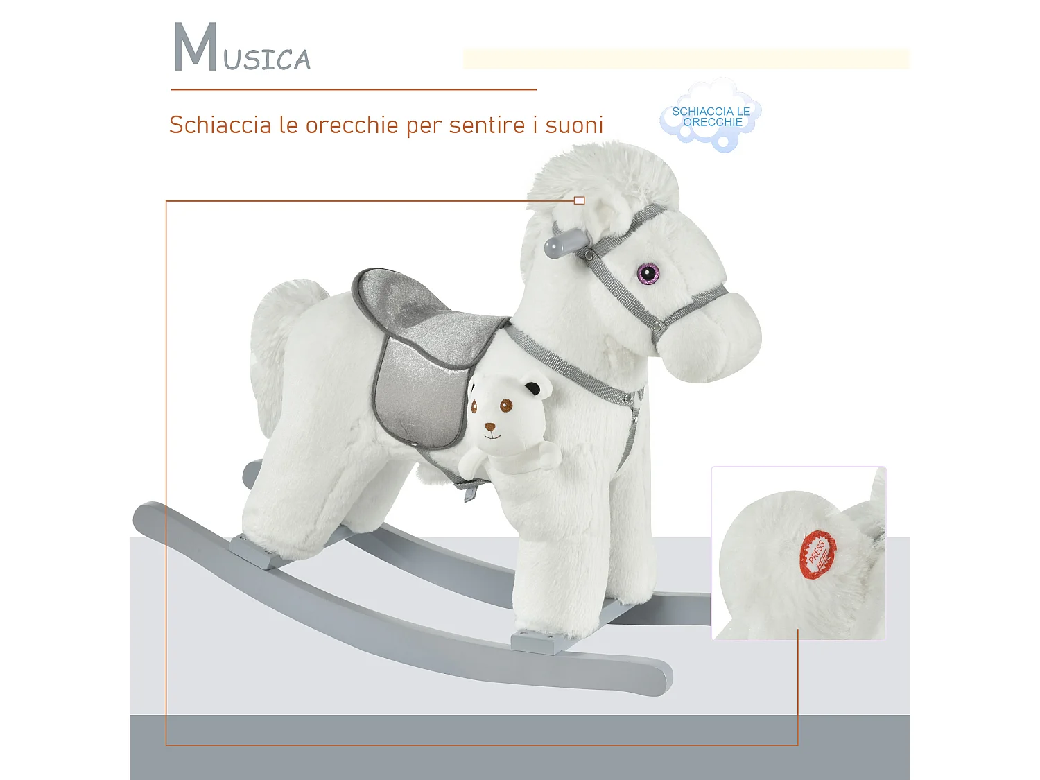 Cavallo a dondolo con orsetto e suoni età 18-36 mesi 65x26x55cm