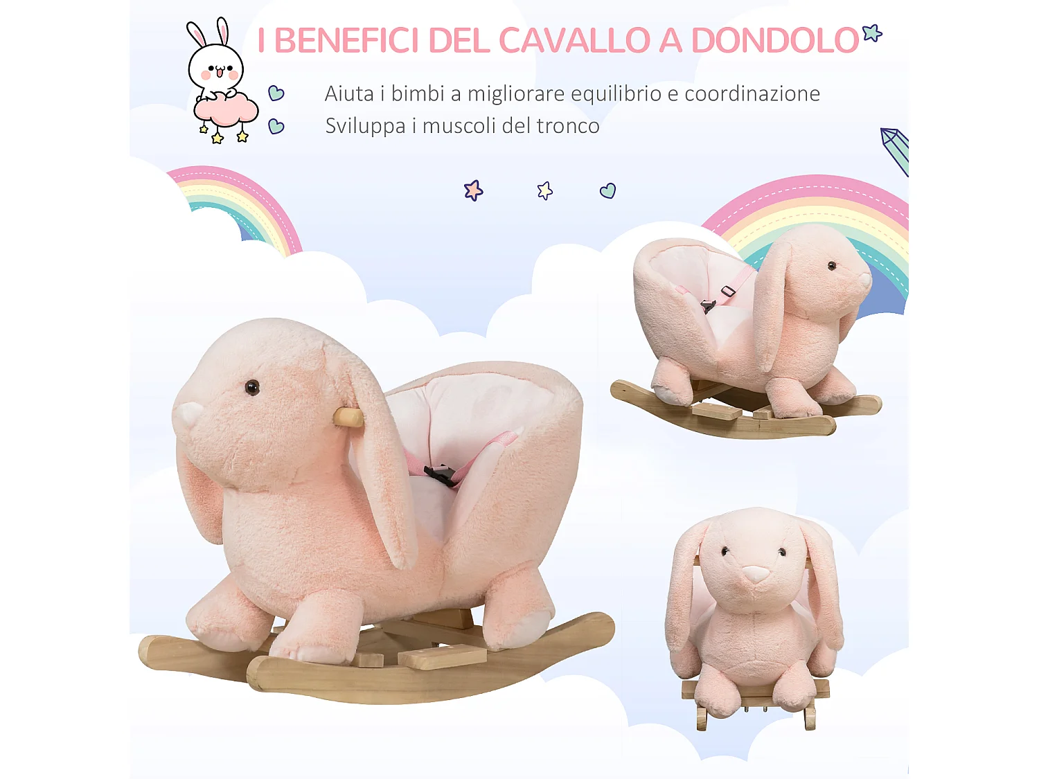 Dondolo giocattolo coniglio per bambini suoni realistici peluche rosa