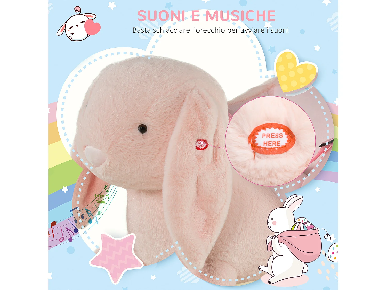 Dondolo giocattolo coniglio per bambini suoni realistici peluche rosa