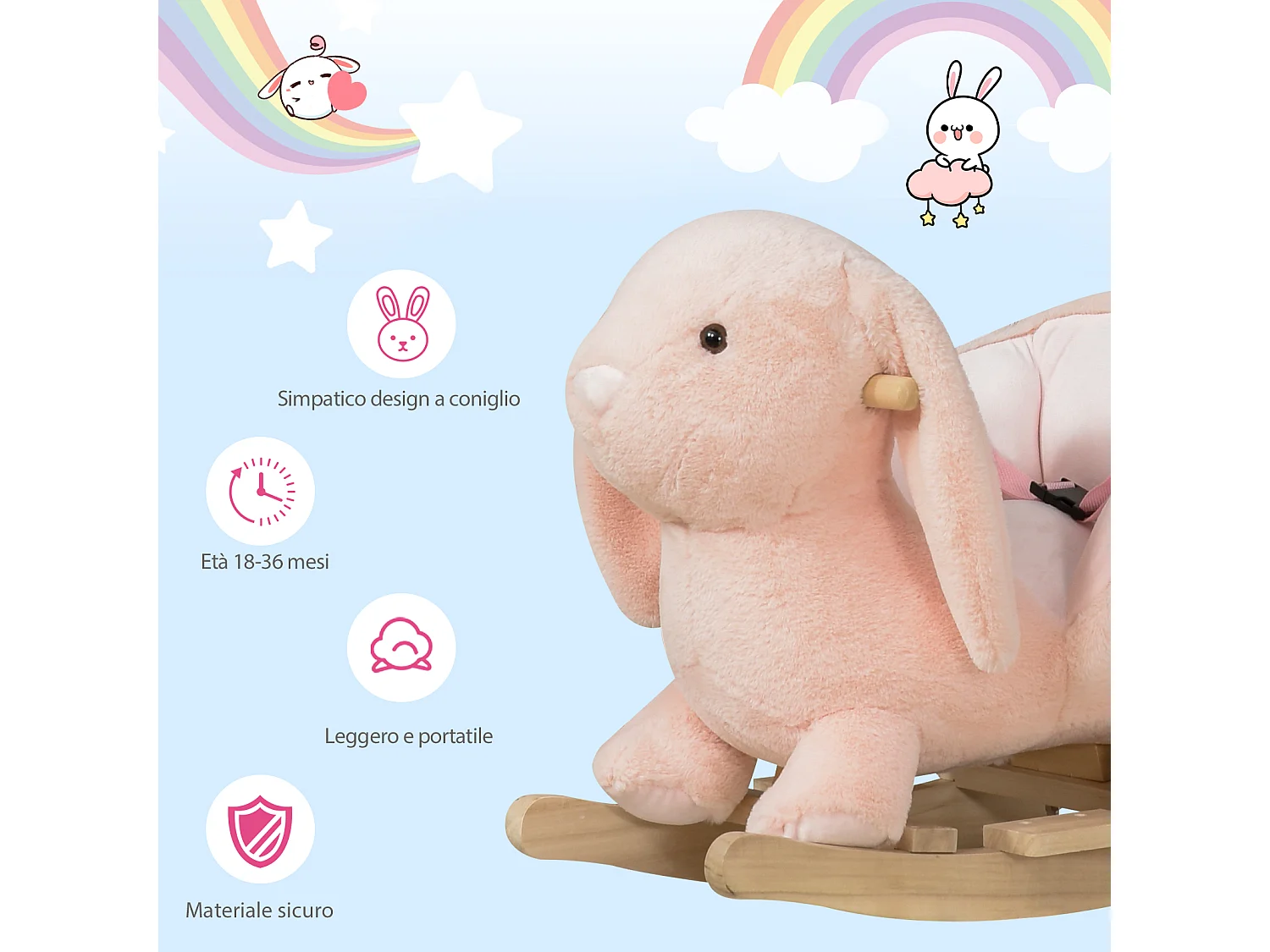 Dondolo giocattolo coniglio per bambini suoni realistici peluche rosa