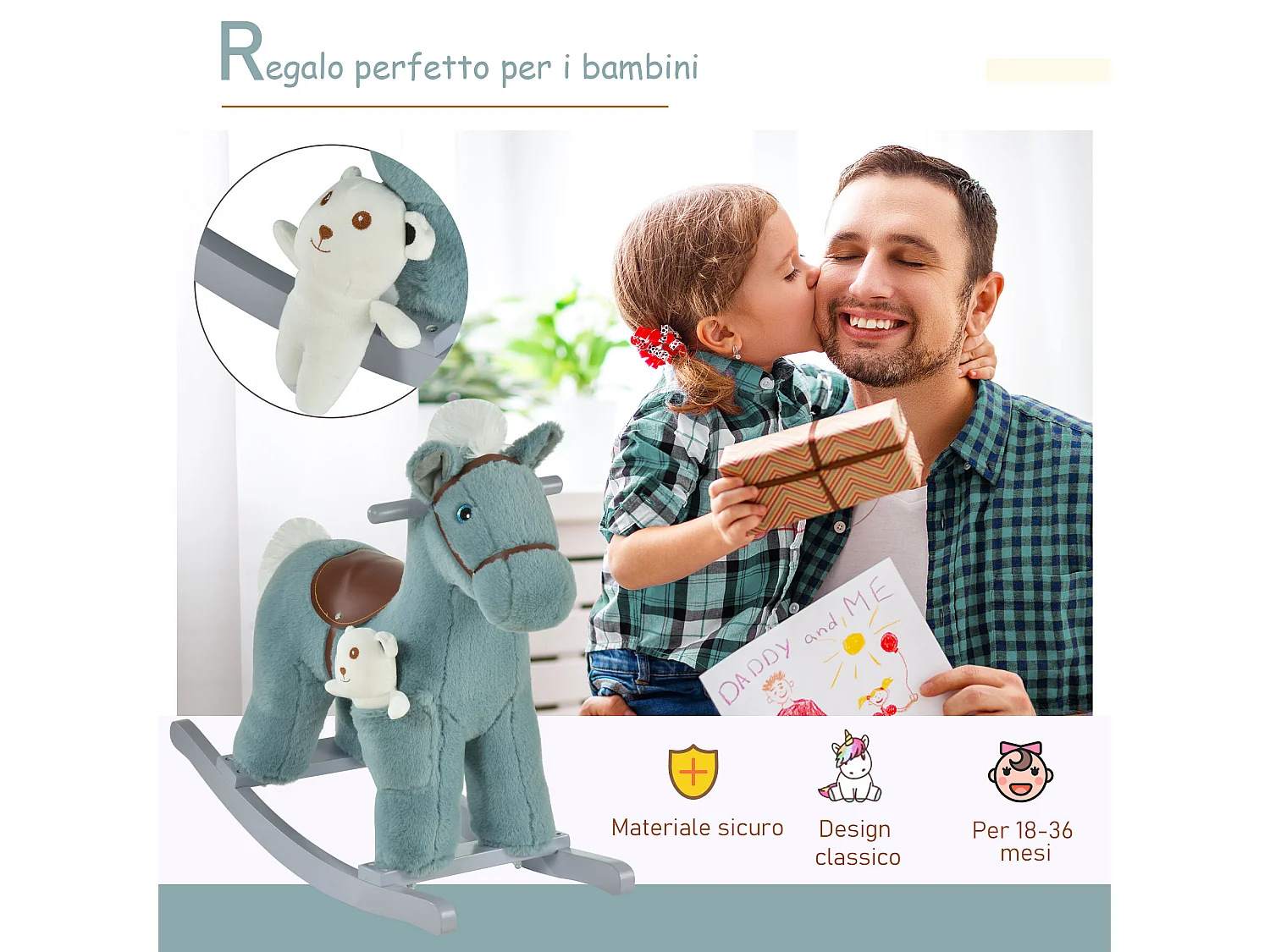 Cavallo a dondolo con orsetto e suoni età 18-36 mesi 65x26x55cm