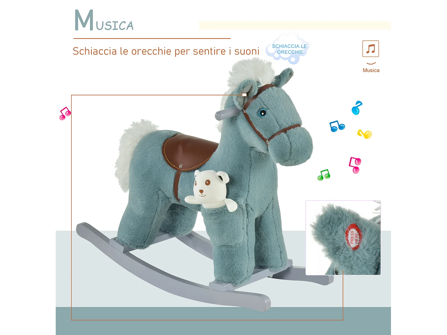 Cavallo a dondolo con orsetto e suoni età 18-36 mesi 65x26x55cm