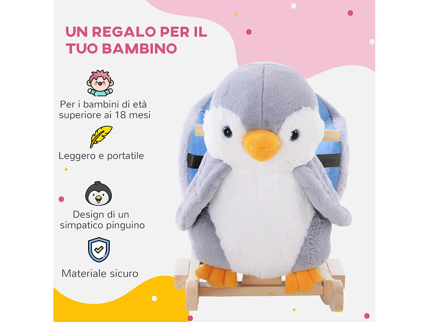 Cavallo a dondolo pinguino in peluche con musiche e cintura