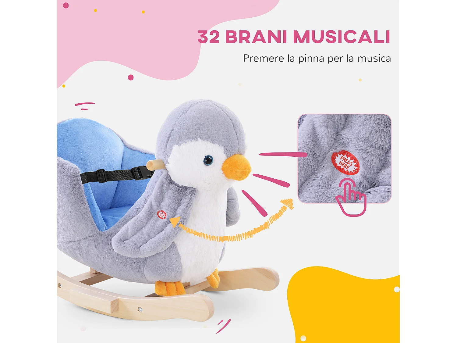 Cavallo a dondolo pinguino in peluche con musiche e cintura