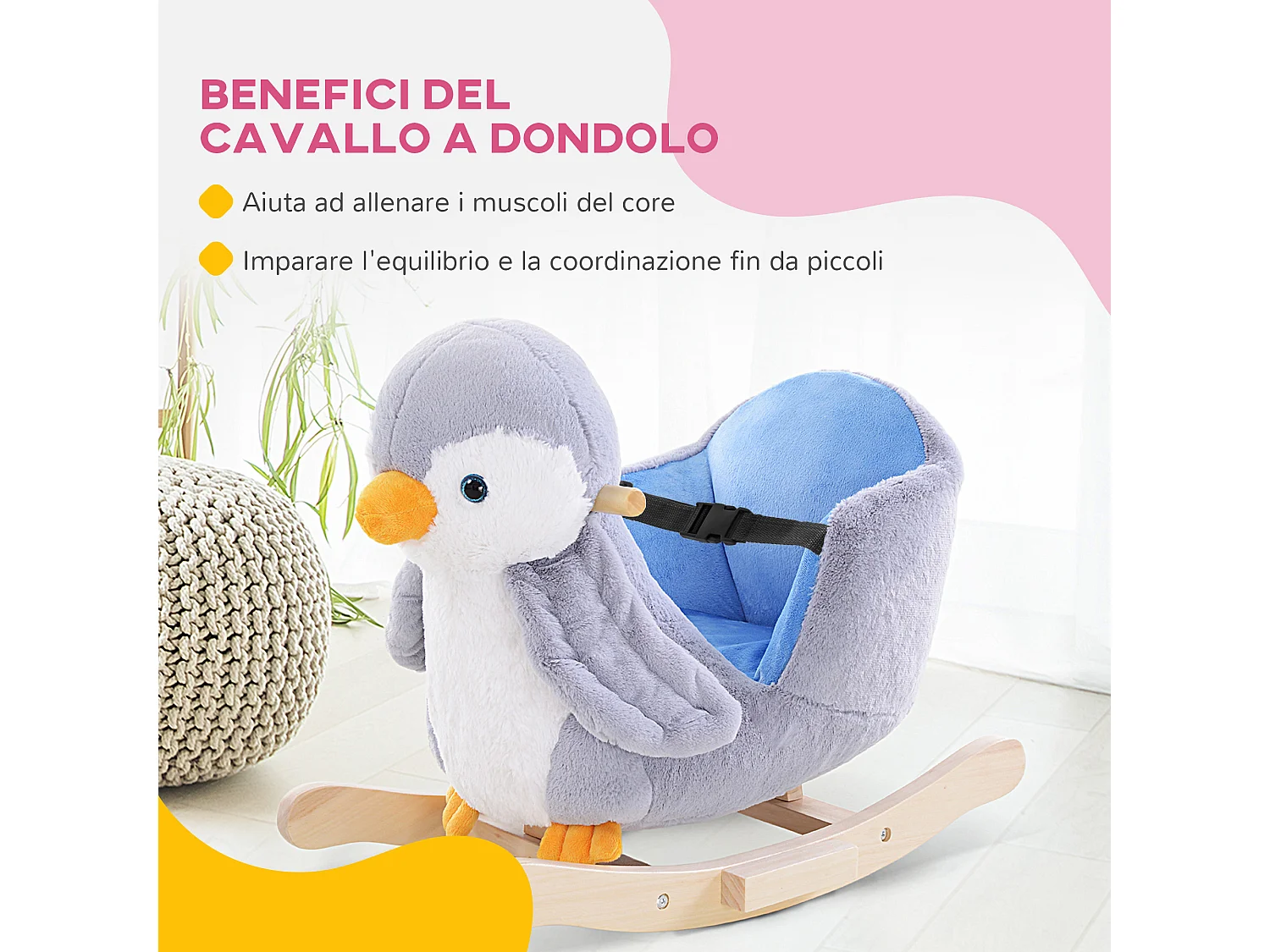 Cavallo a dondolo pinguino in peluche con musiche e cintura