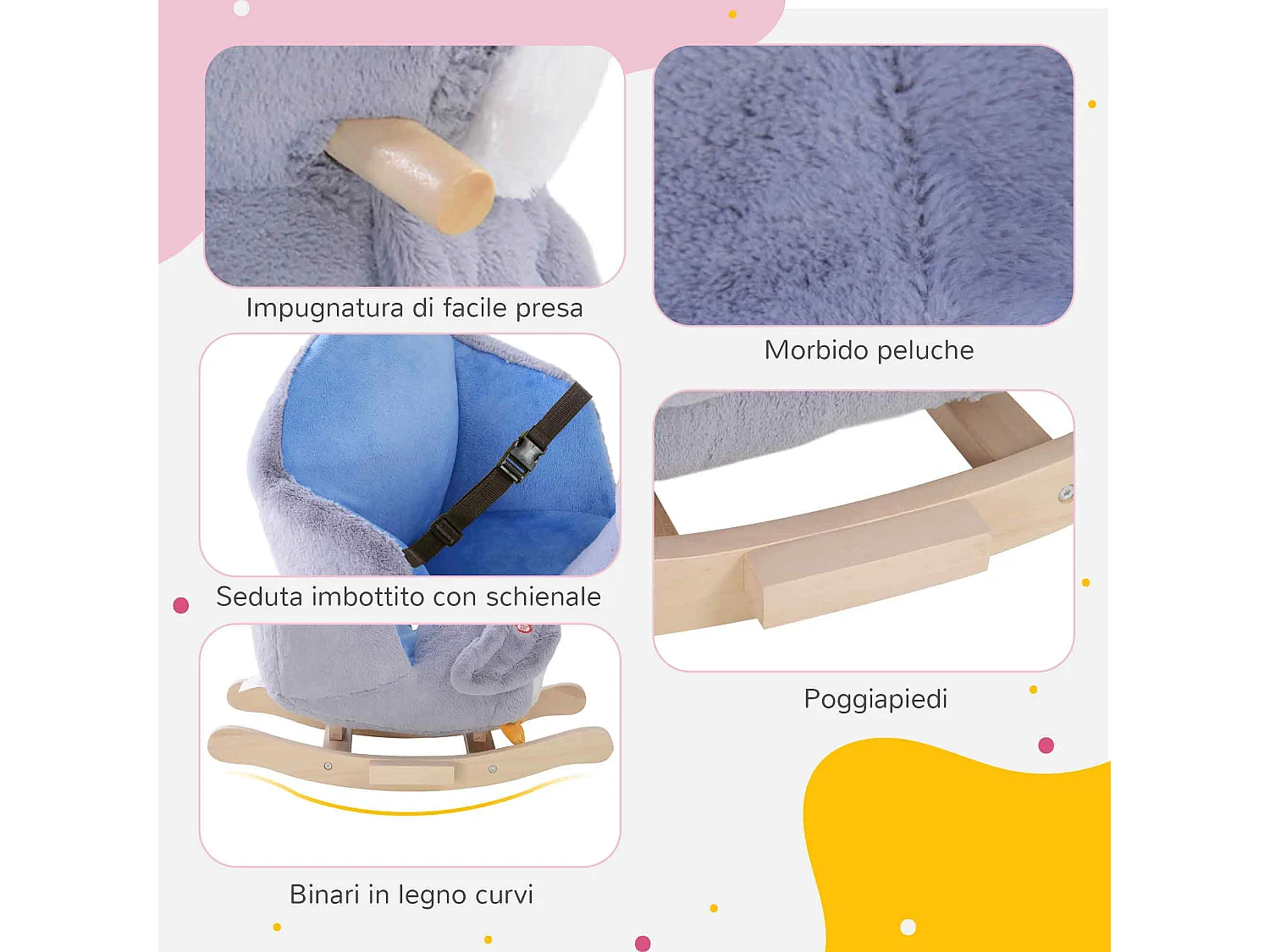 Cavallo a dondolo pinguino in peluche con musiche e cintura