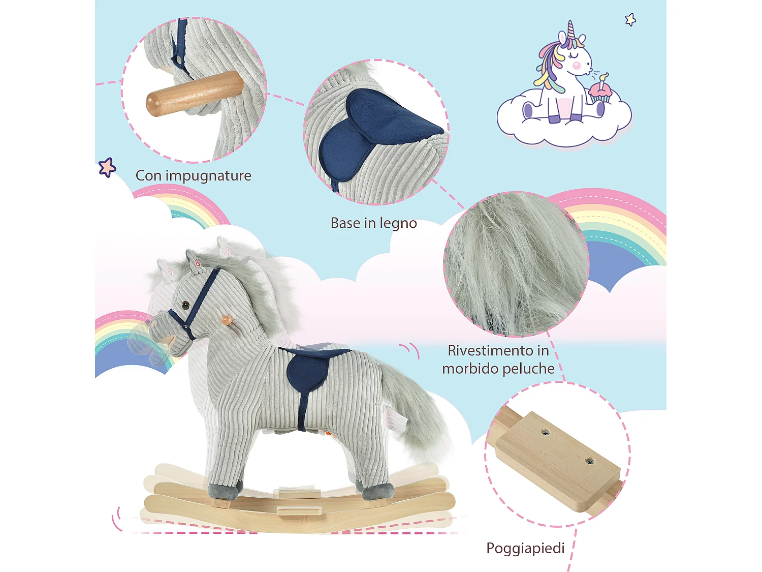 Cavallo a dondolo per bambini interattivo grigio 73x35x64cm