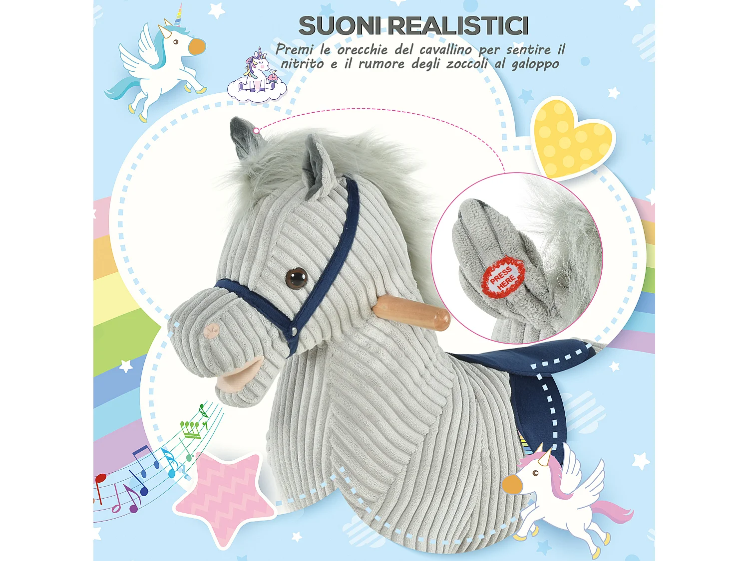 Cavallo a dondolo per bambini interattivo grigio 73x35x64cm