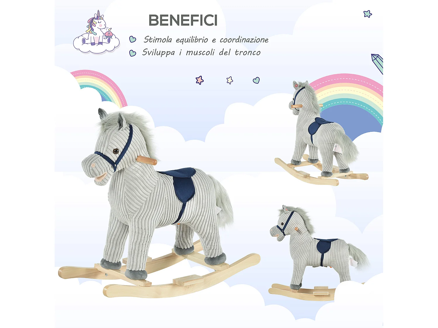 Cavallo a dondolo per bambini interattivo grigio 73x35x64cm