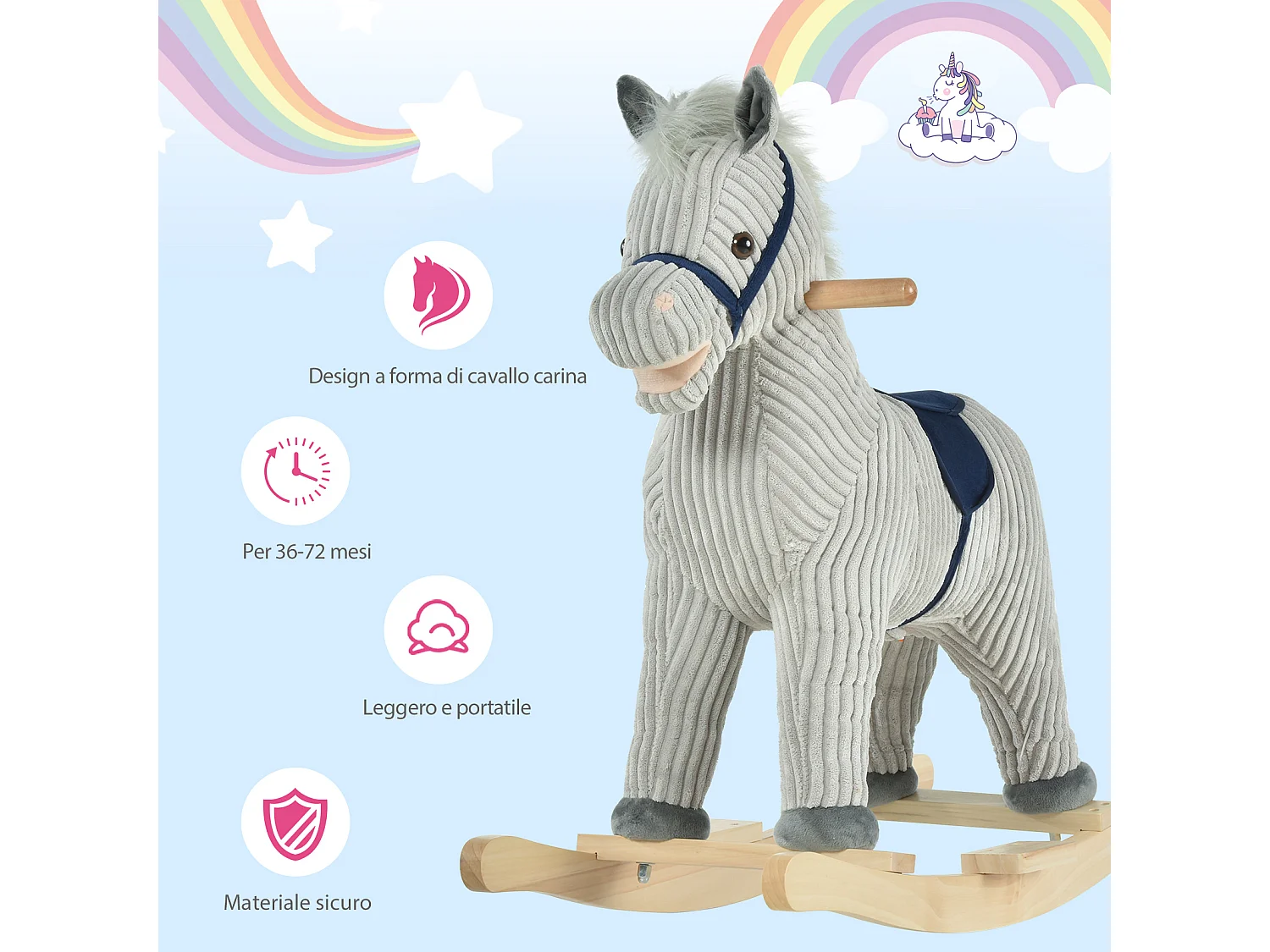 Cavallo a dondolo per bambini interattivo grigio 73x35x64cm