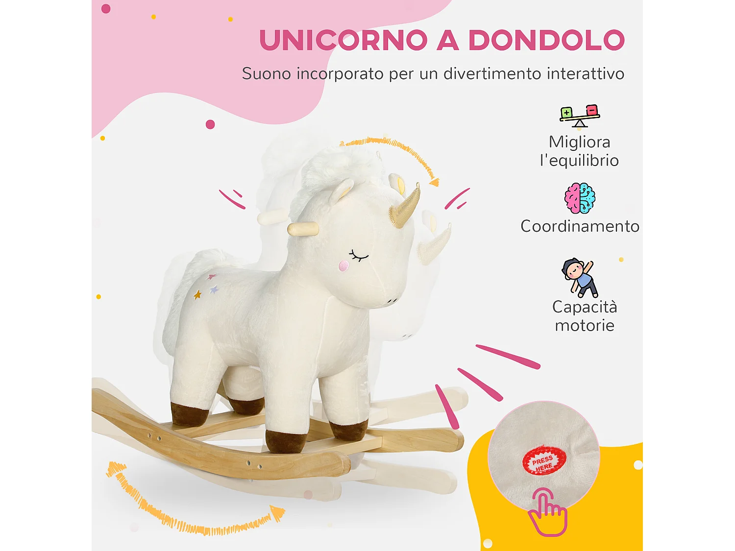 Cavallo a dondolo per bambini 2-4 anni a unicorno con suoni bianco