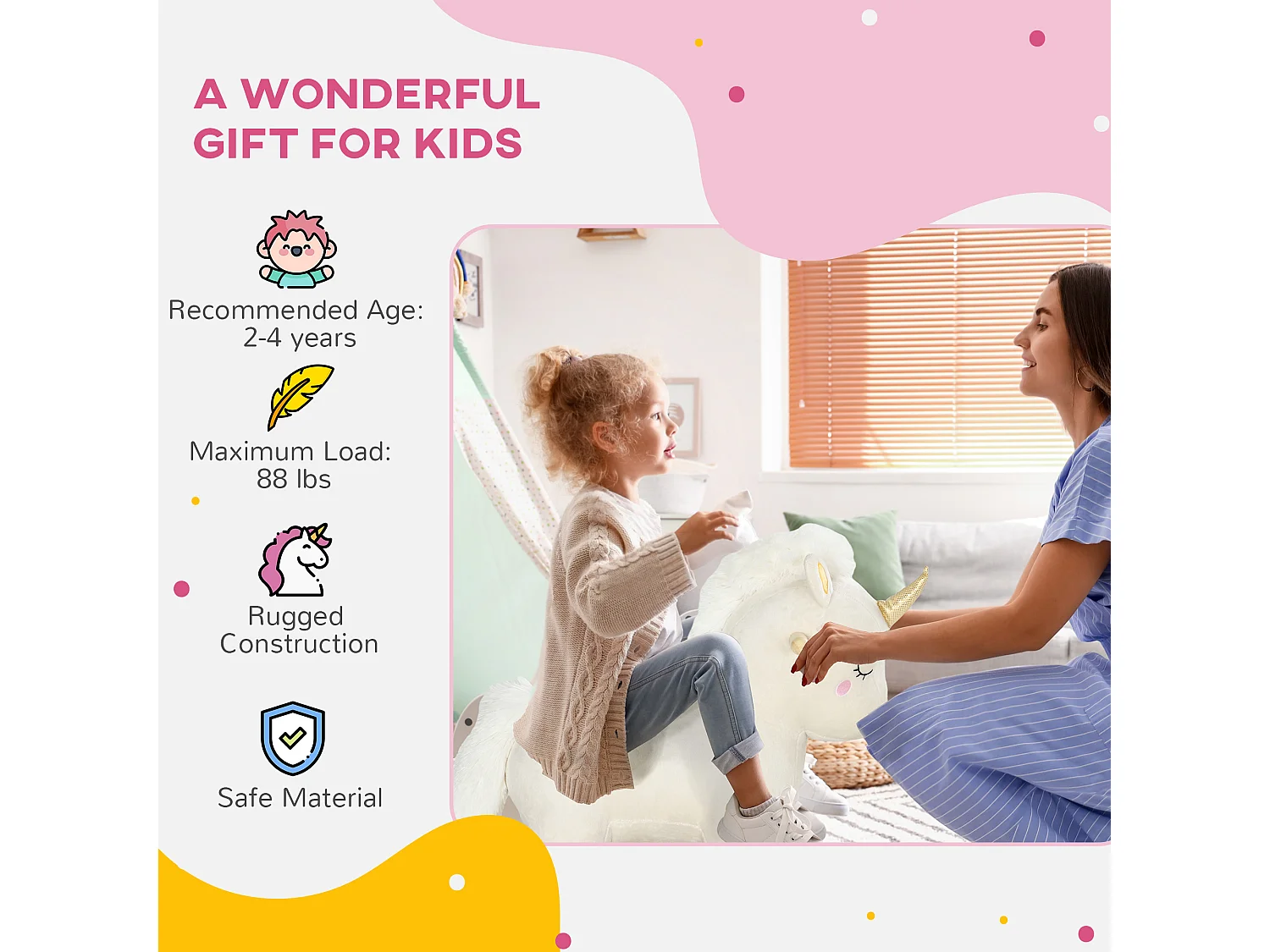 Cavallo a dondolo per bambini 2-4 anni a unicorno con suoni bianco