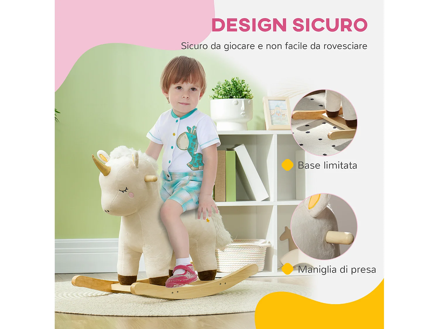 Cavallo a dondolo per bambini 2-4 anni a unicorno con suoni bianco