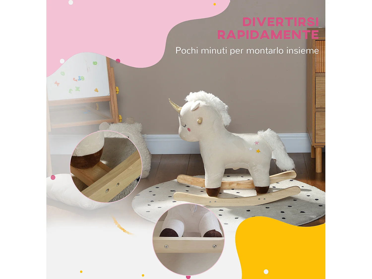 Cavallo a dondolo per bambini 2-4 anni a unicorno con suoni bianco