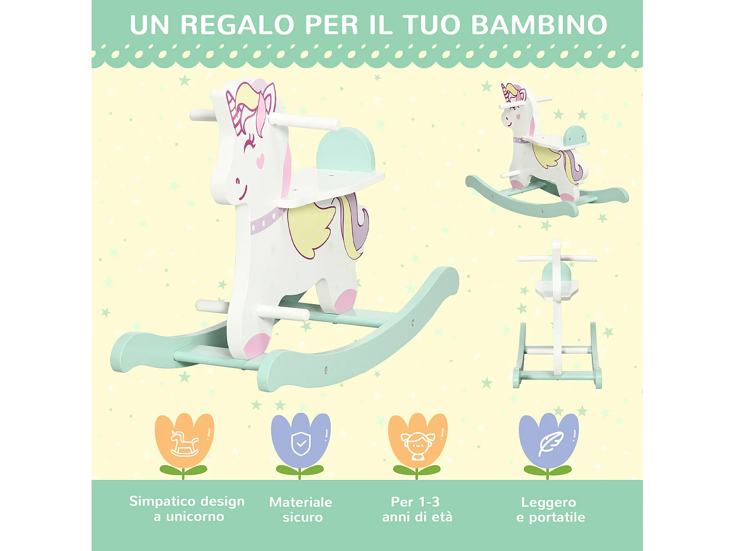 Cavallo a dondolo per bambini 1-3 anni blu rosa e bianco