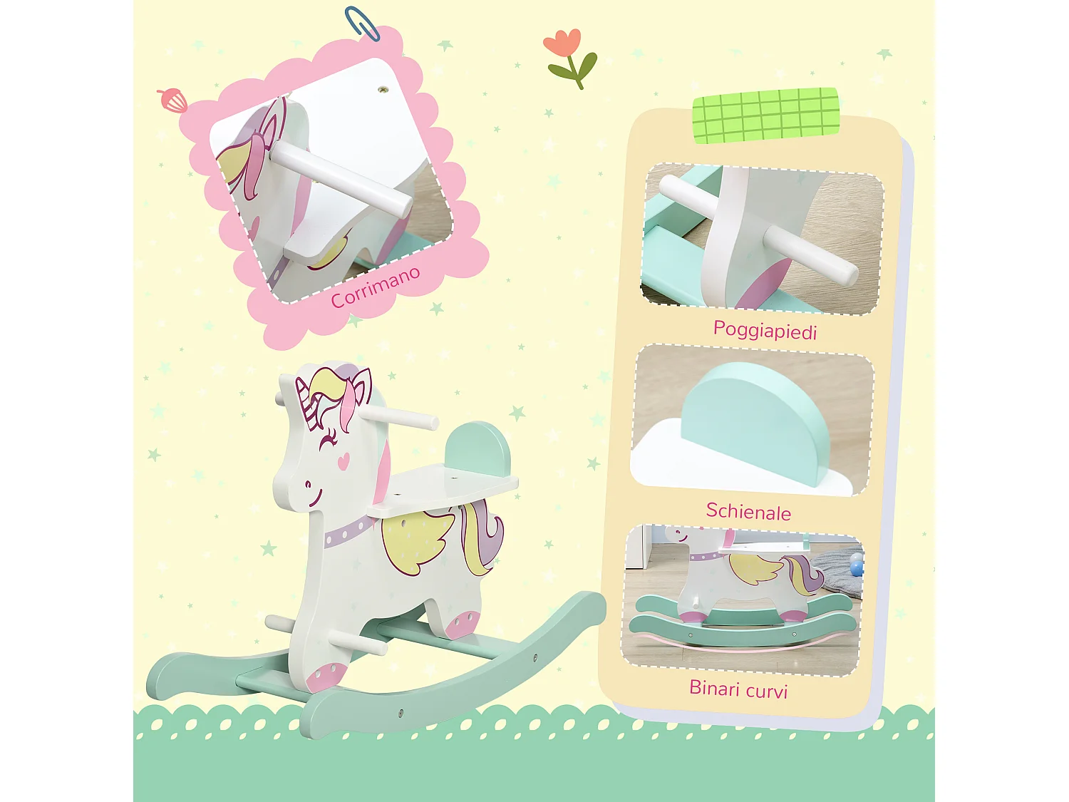 Cavallo a dondolo per bambini 1-3 anni blu rosa e bianco