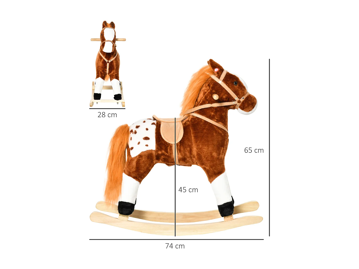 Cavallo a dondolo con suono per i bambini in legno marrone