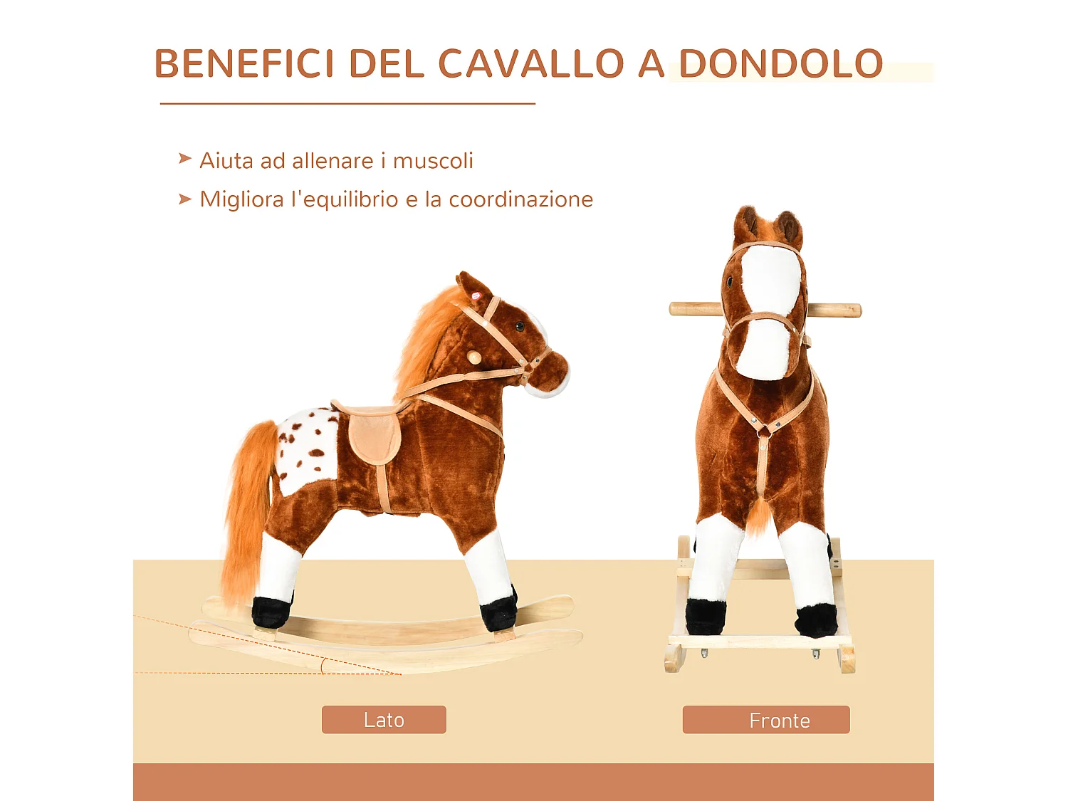 Cavallo a dondolo con suono per i bambini in legno marrone