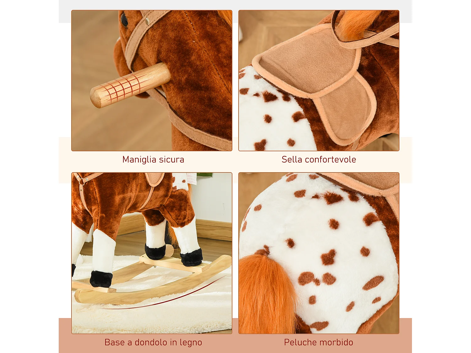 Cavallo a dondolo con suono per i bambini in legno marrone