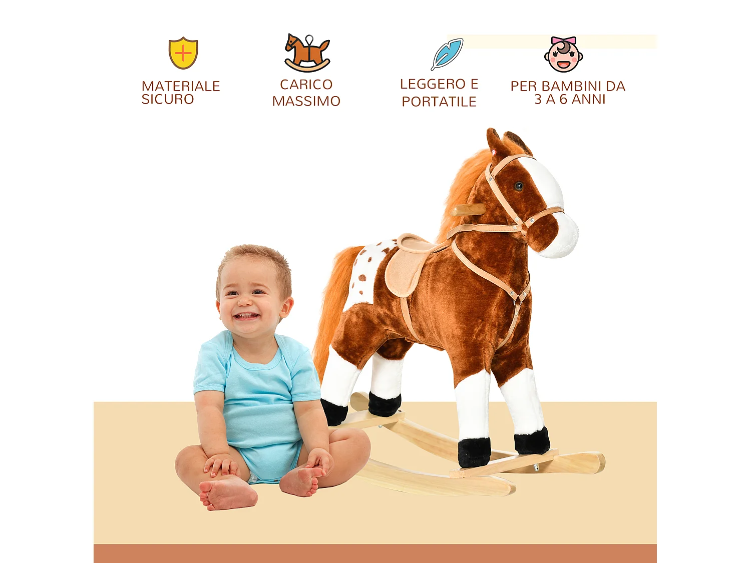 Cavallo a dondolo con suono per i bambini in legno marrone