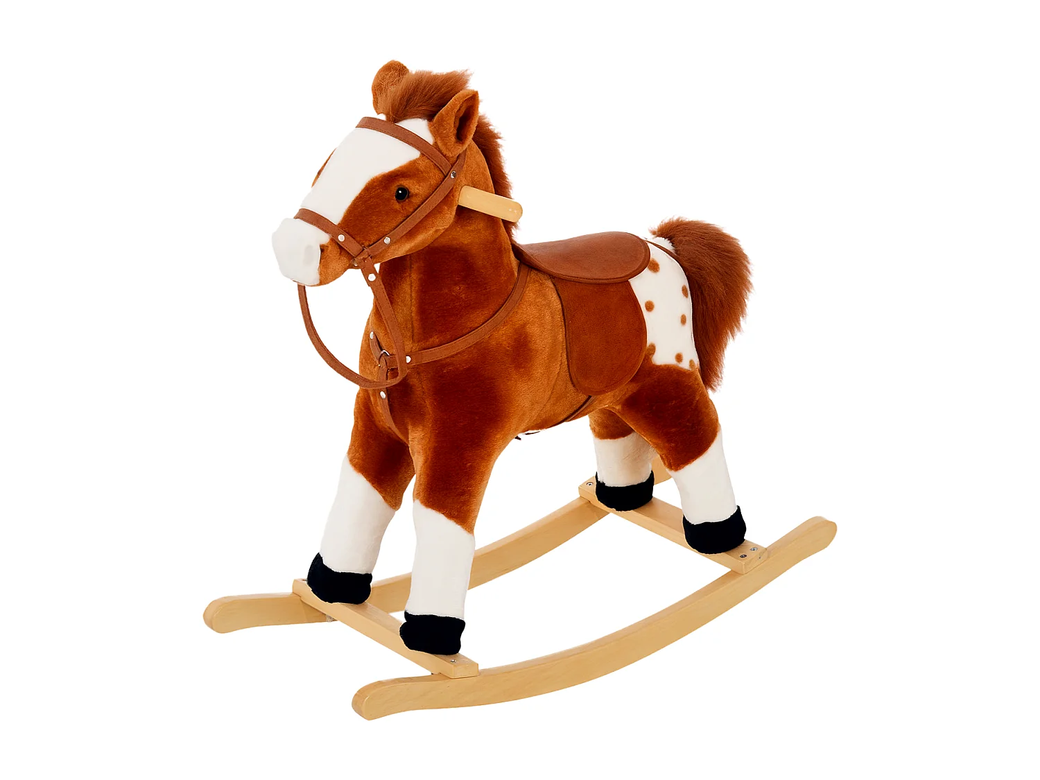 Cavallo a dondolo con suono per i bambini in legno marrone