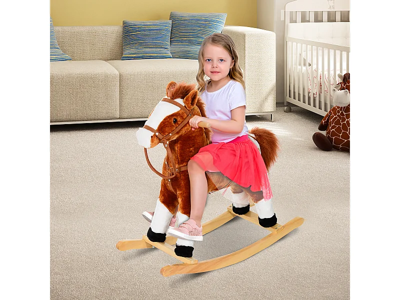 Cavallo a dondolo con suono per i bambini in legno marrone