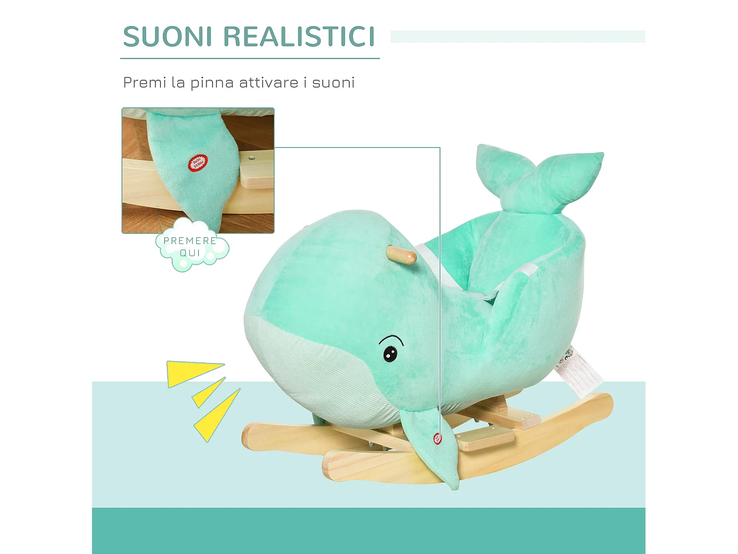 Cavallo a dondolo balena in peluche suoni cintura di sicurezza