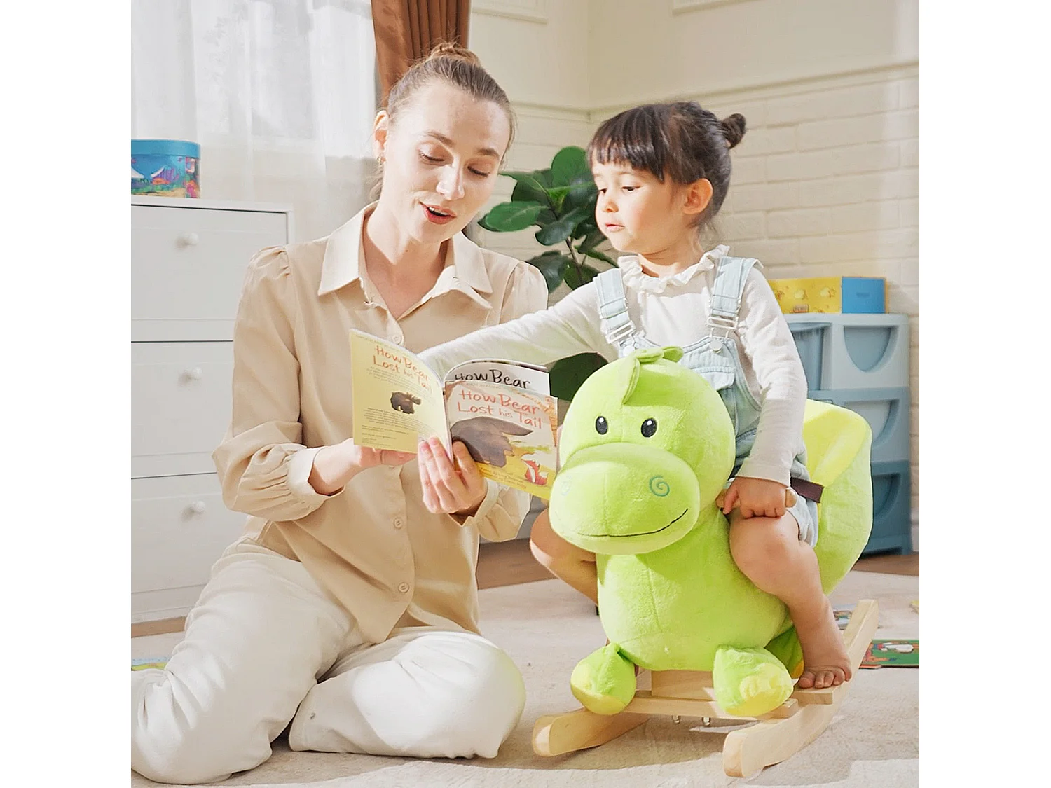 Cavallo a dondolo drago per i bambini in legno verde e giallo