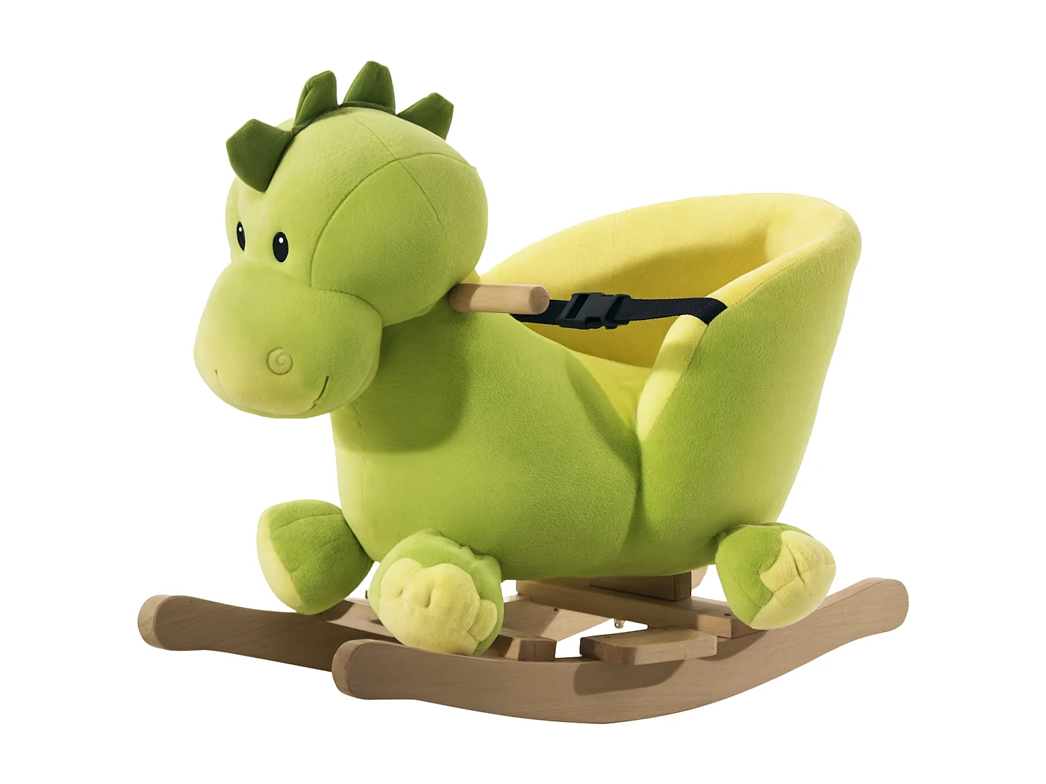 Cavallo a dondolo drago per i bambini in legno verde e giallo