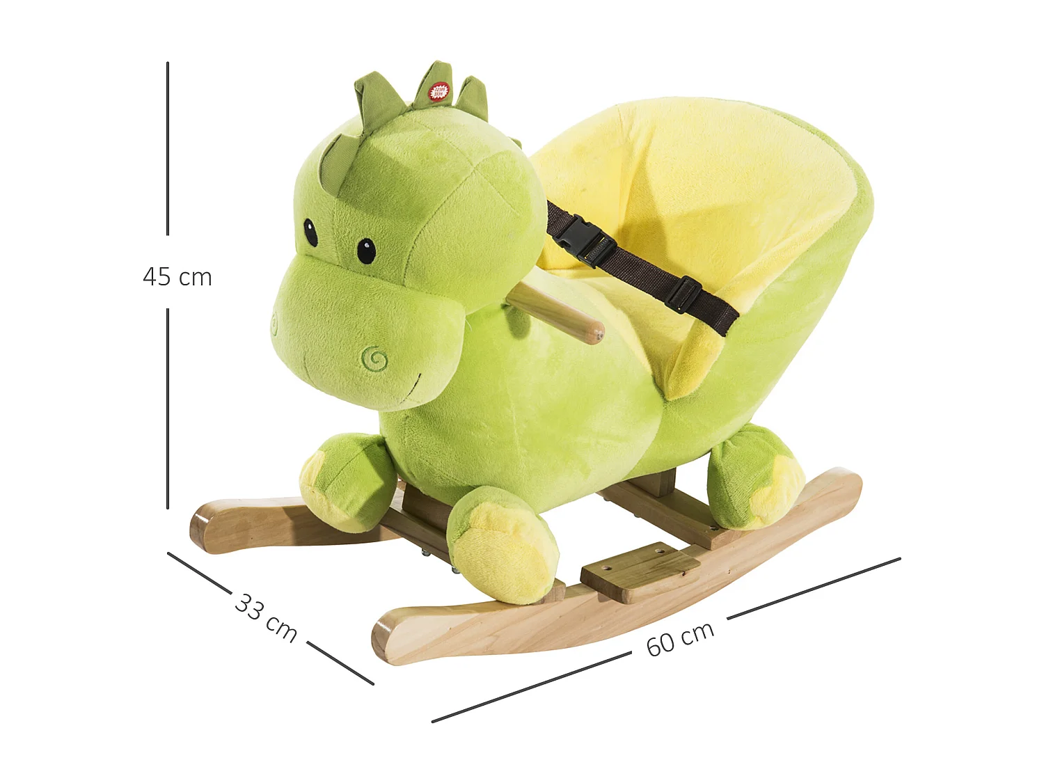 Cavallo a dondolo drago per i bambini in legno verde e giallo