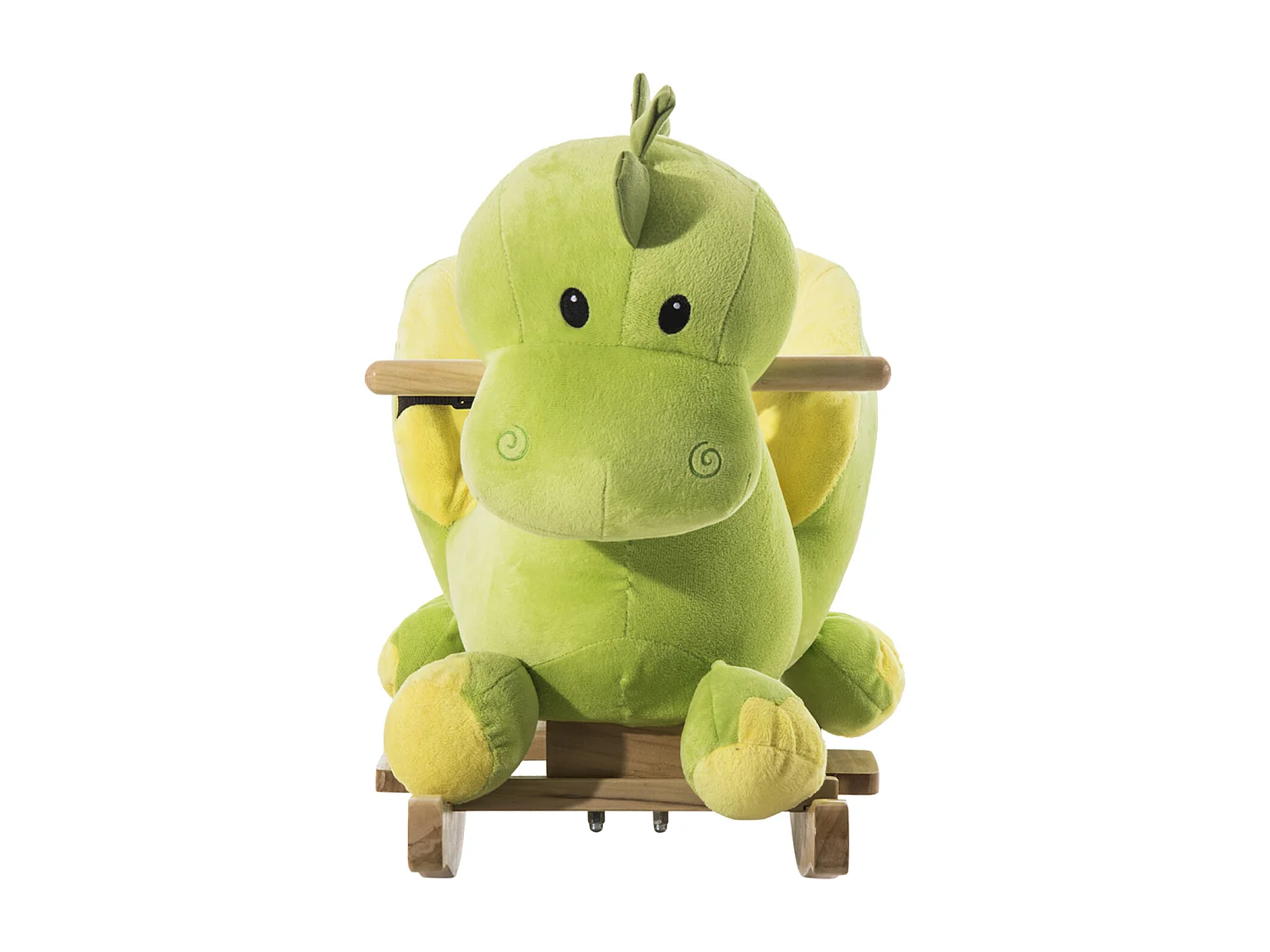 Cavallo a dondolo drago per i bambini in legno verde e giallo