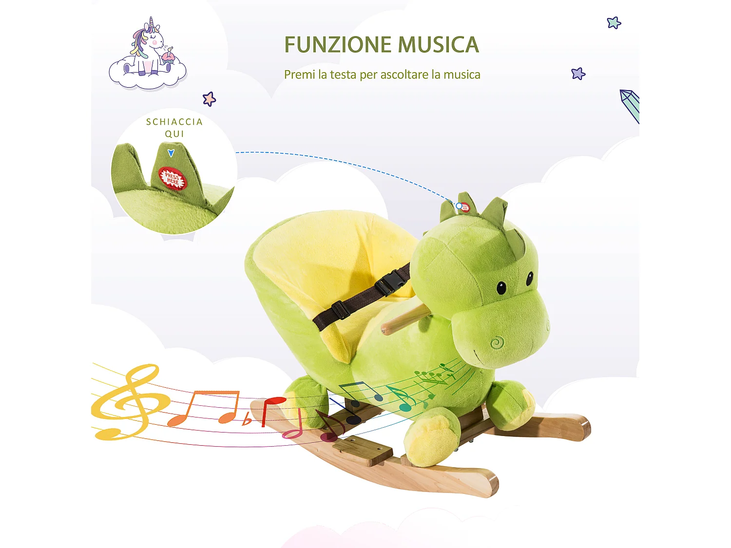 Cavallo a dondolo drago per i bambini in legno verde e giallo