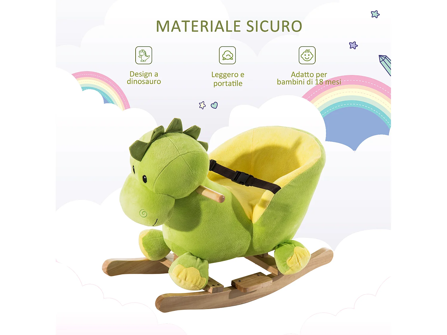 Cavallo a dondolo drago per i bambini in legno verde e giallo