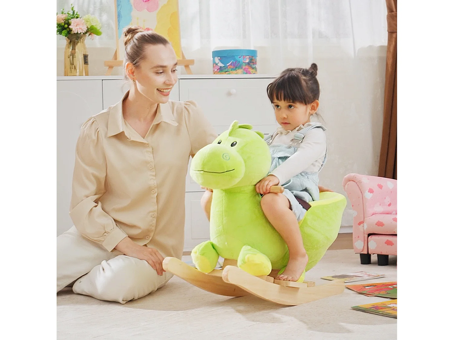 Cavallo a dondolo drago per i bambini in legno verde e giallo