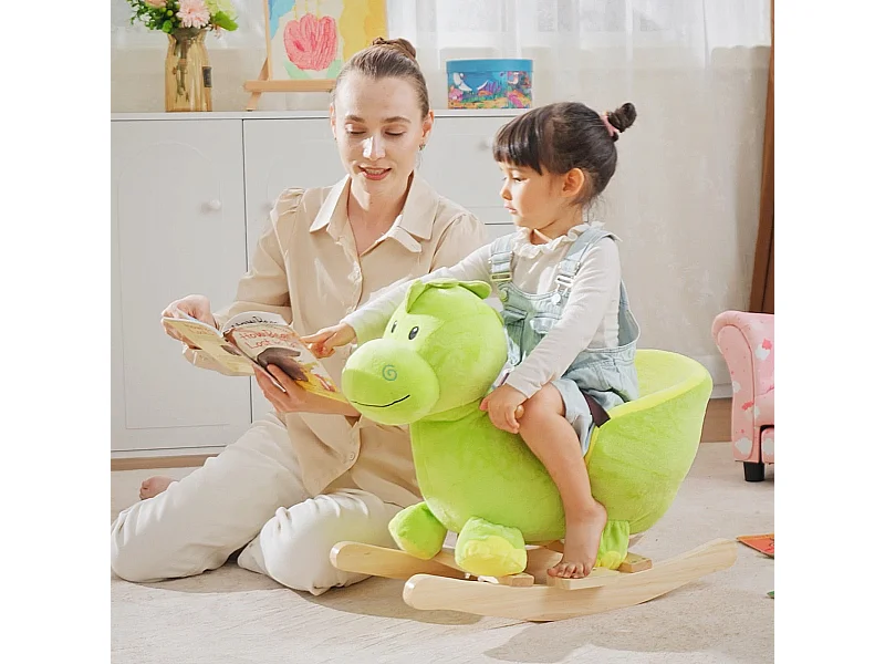 Cavallo a dondolo drago per i bambini in legno verde e giallo