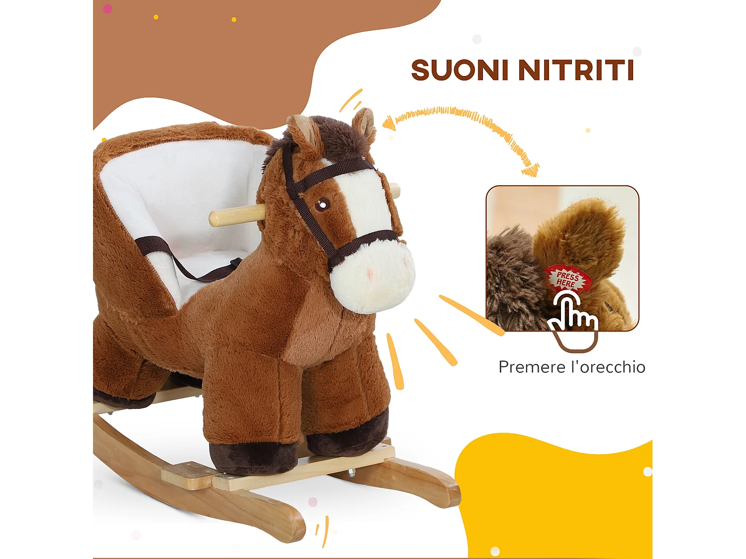 Cavallo a dondolo per bambini 18-36 mesi con suoni e cintura marrone