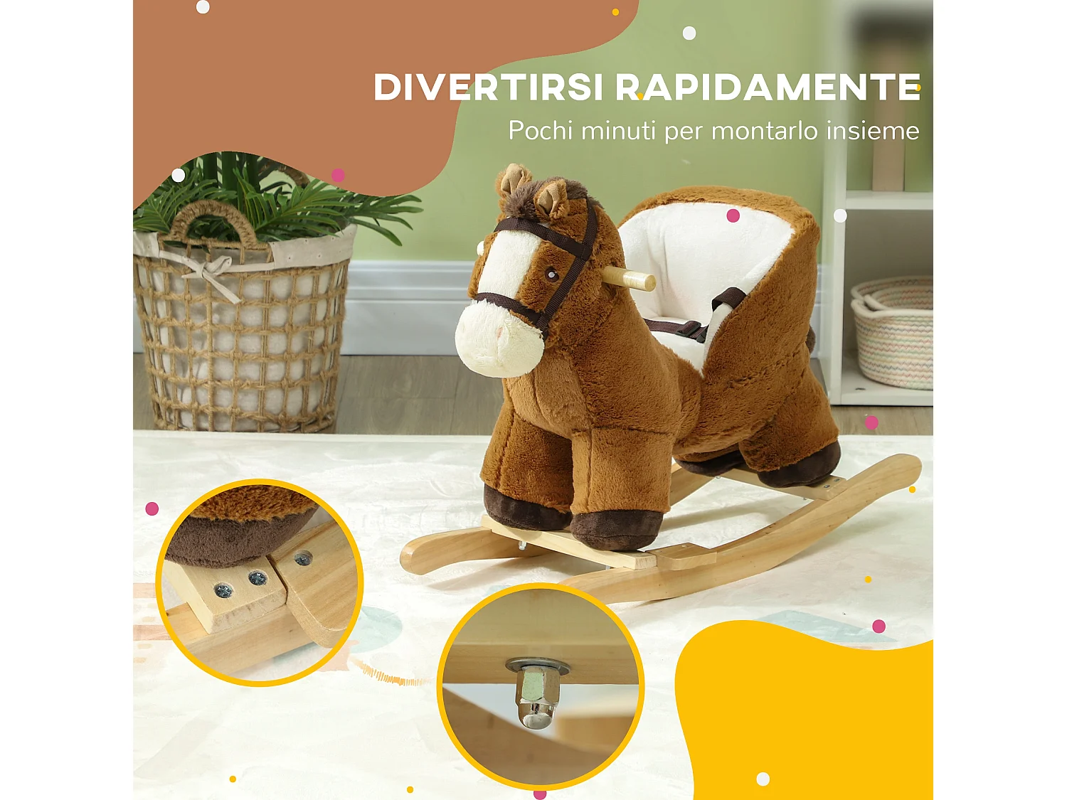 Cavallo a dondolo per bambini 18-36 mesi con suoni e cintura marrone