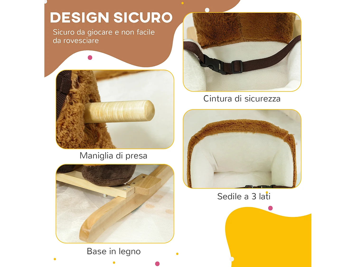 Cavallo a dondolo per bambini 18-36 mesi con suoni e cintura marrone