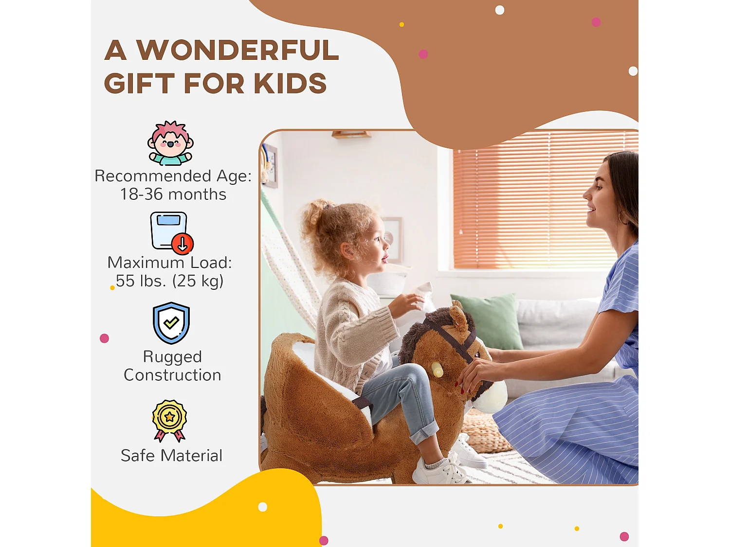 Cavallo a dondolo per bambini 18-36 mesi con suoni e cintura marrone