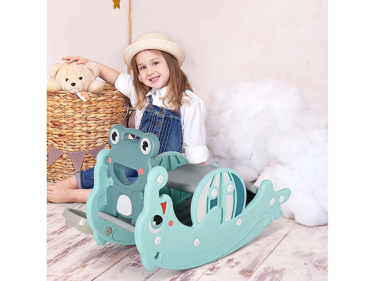 3-in-1 cavallo a dondolo scivolo per bambini età 3-5 anni hdpe verde