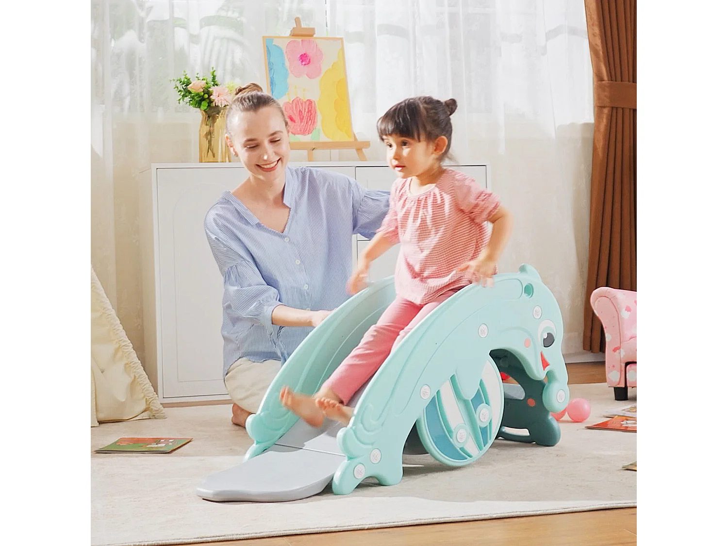 3-in-1 cavallo a dondolo scivolo per bambini età 3-5 anni hdpe verde