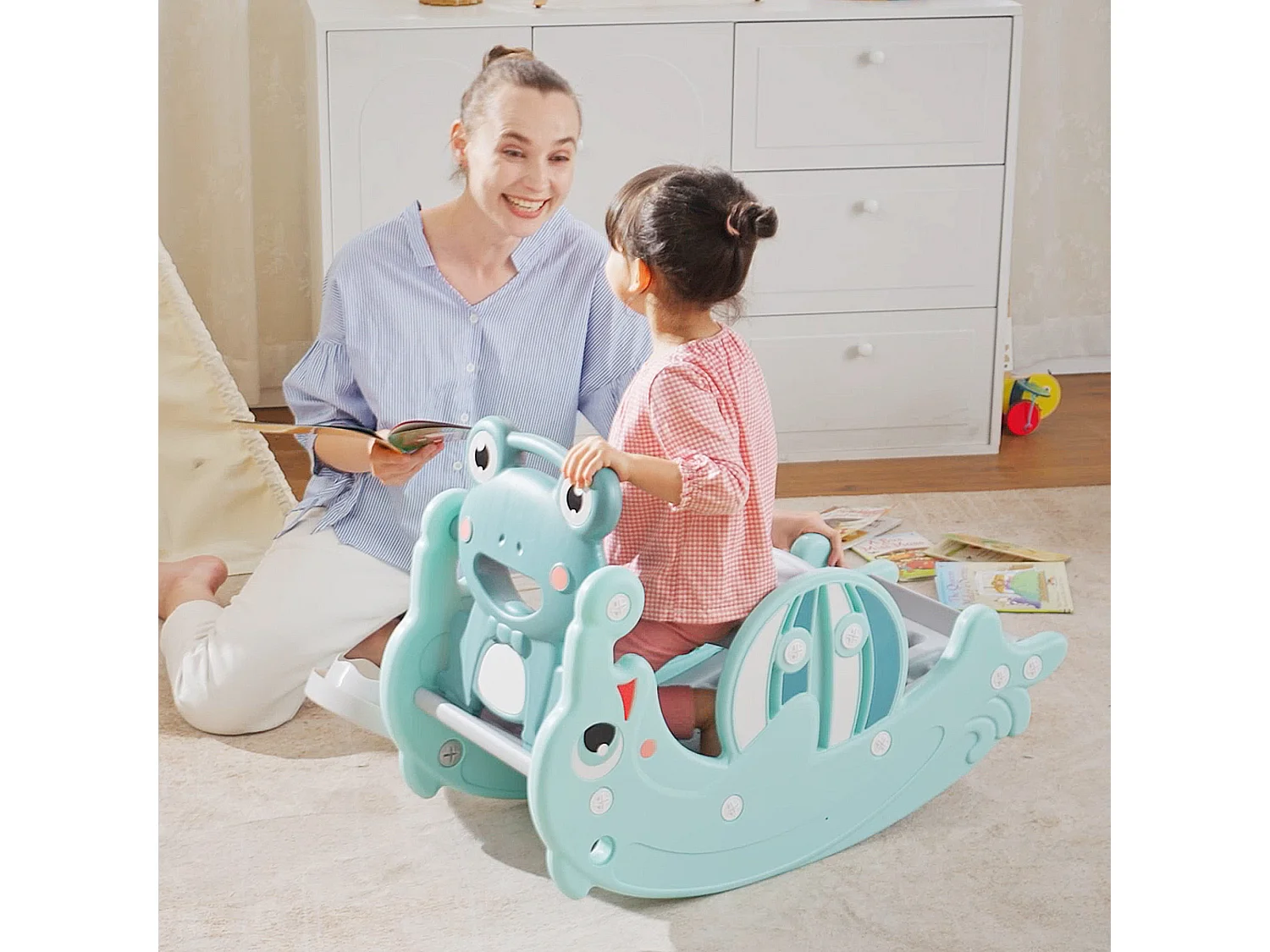 3-in-1 cavallo a dondolo scivolo per bambini età 3-5 anni hdpe verde
