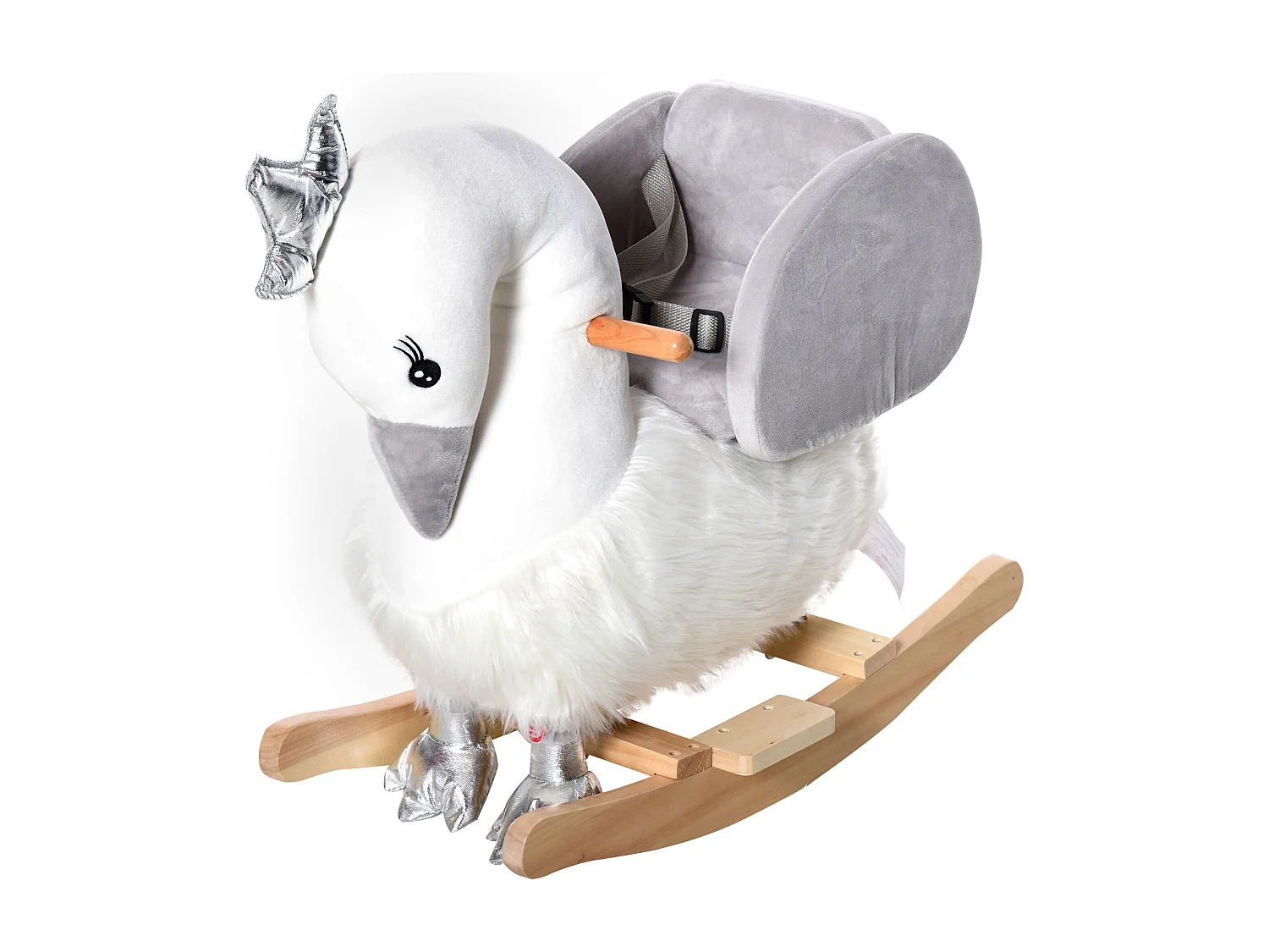 Dondolo giocattolo cigno per bambini legno e peluche bianco e grigio