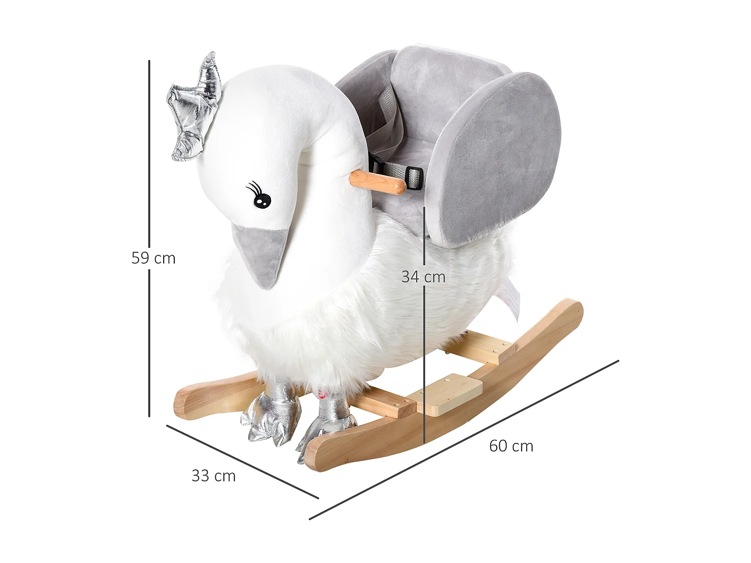 Dondolo giocattolo cigno per bambini legno e peluche bianco e grigio