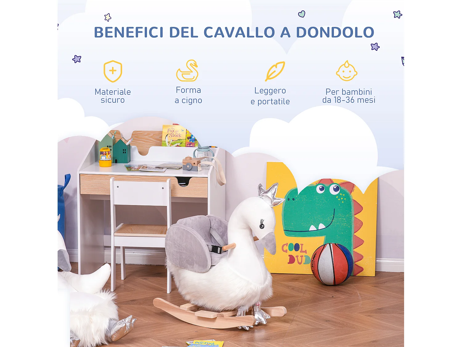 Dondolo giocattolo cigno per bambini legno e peluche bianco e grigio