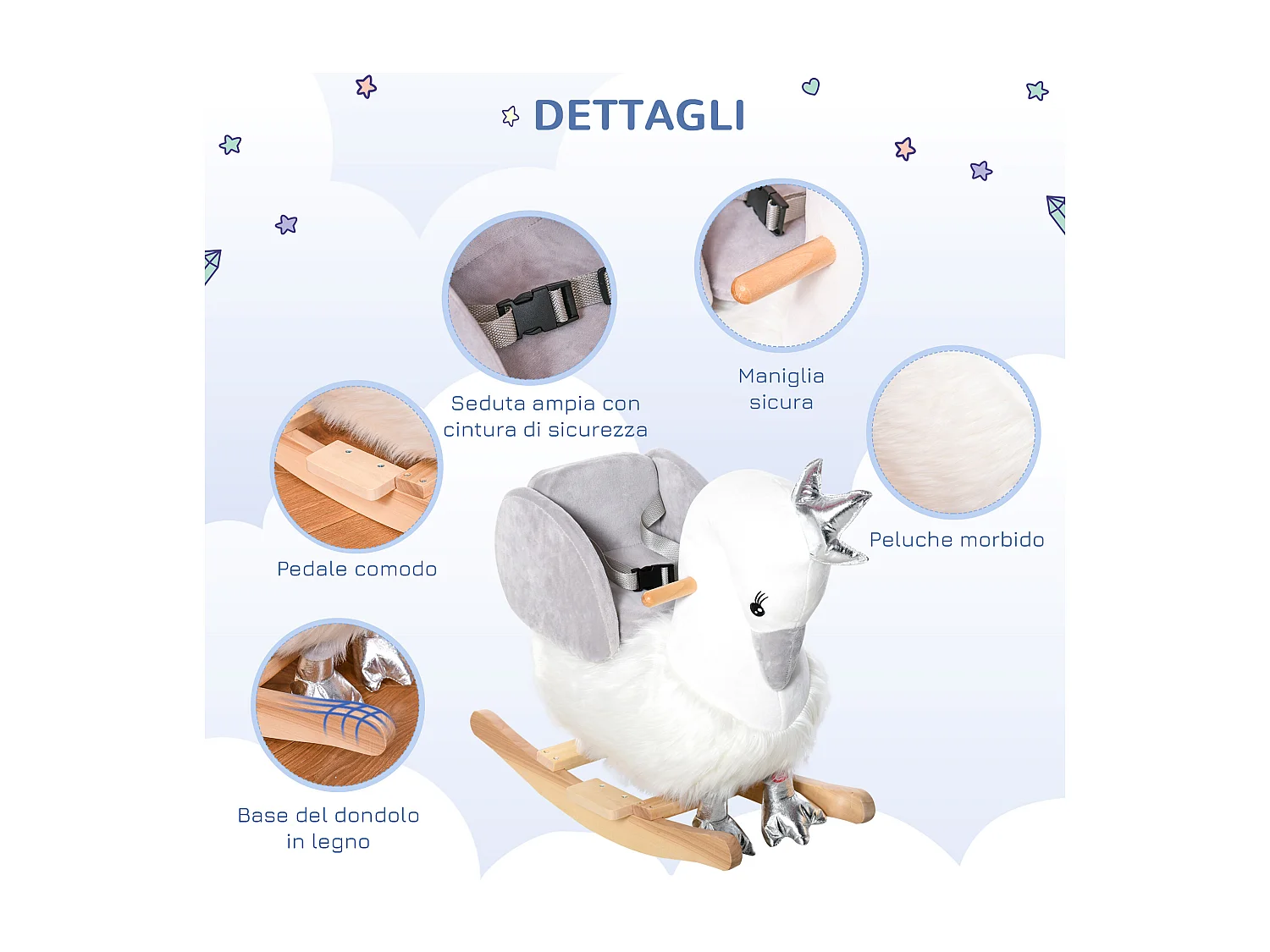 Dondolo giocattolo cigno per bambini legno e peluche bianco e grigio